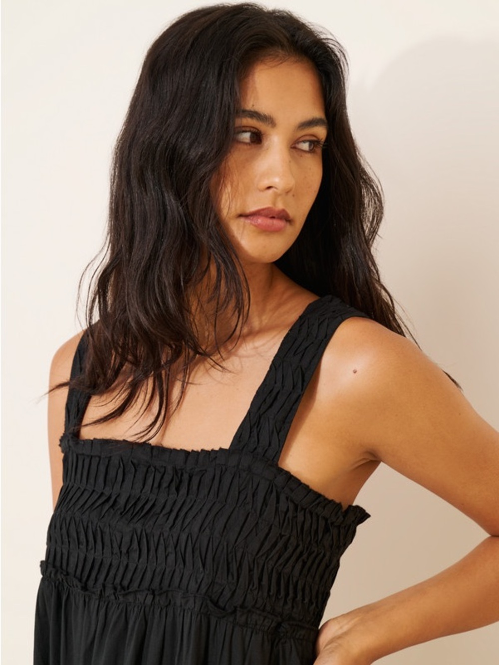 The Helena Square-Neck Tiered Midi Dress: Smocked Edition Black sz M - Picture 3 of 7